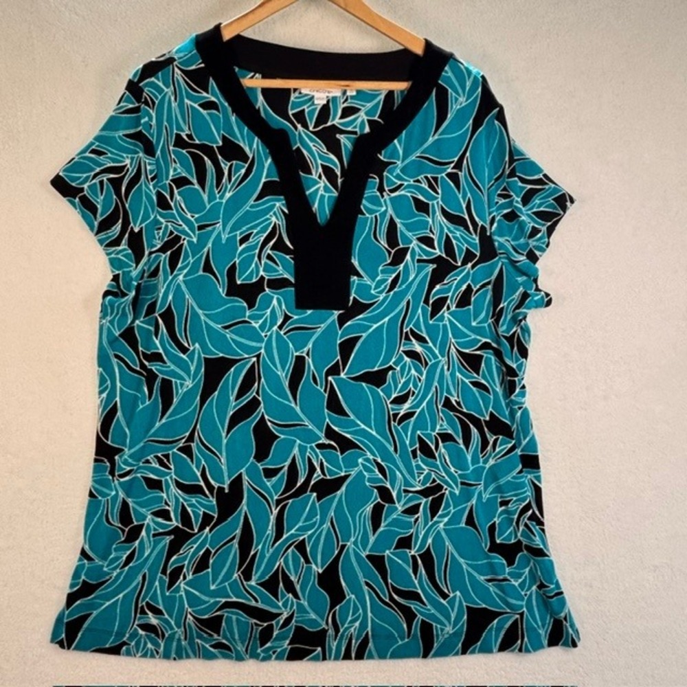 Chicos Leaf Print V-Neck Top Teal Black Short Sleeve Plus Size 4 XXL Business